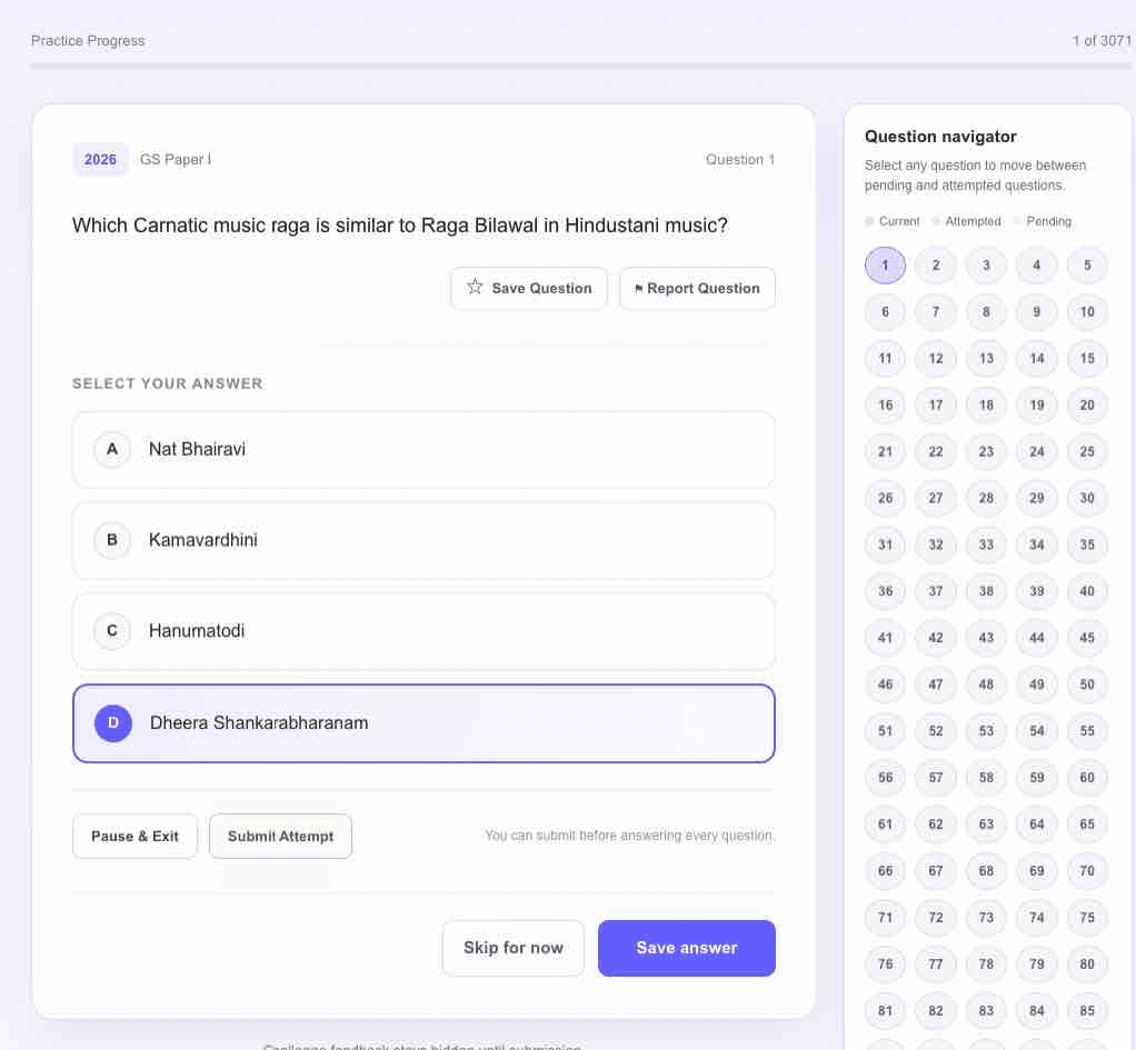 acePYQs Challenge mode question canvas with answer choices and a question navigator